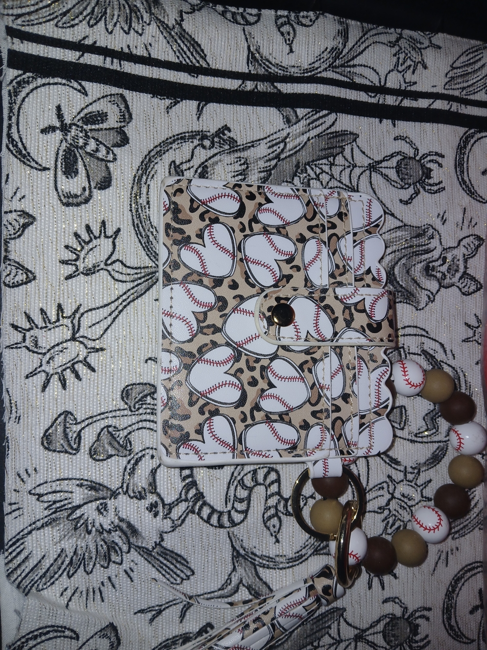 Baseball Print Card Wallet with Beaded Wristlet - White, Tan, Brown